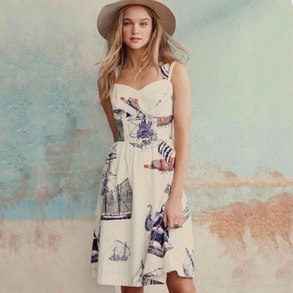 Anthropologie Cream Nautical Print Sundress with Navy & Orange Accents